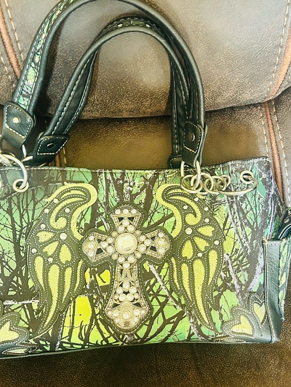 Western Concealed Carry Green Cross Wing Rhinestone Bag